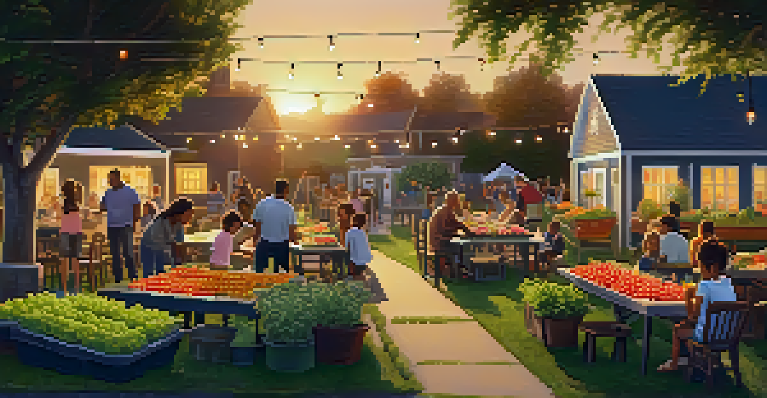 An evening harvest festival in a community garden, with families enjoying food and festivities under warm string lights and a beautiful sunset.