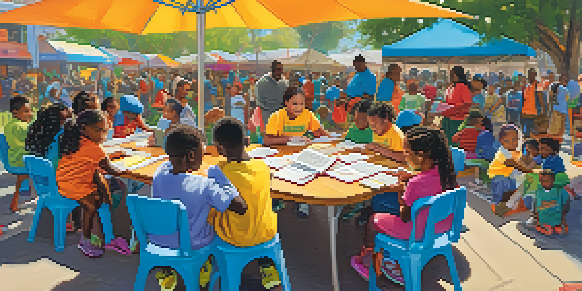 Families participating in a community literacy event, with children reading books and volunteers assisting.