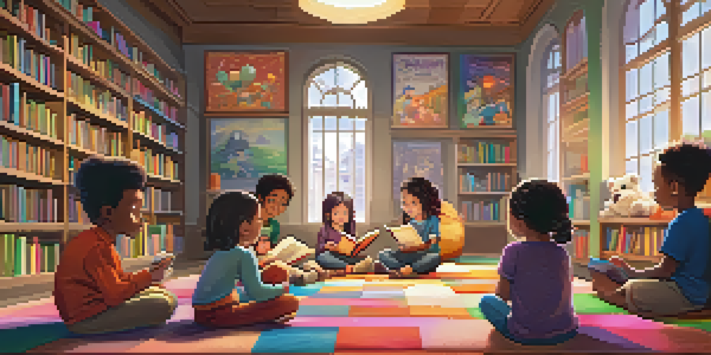Children gathered in a cozy library for a storytime session, listening to a librarian with colorful rugs and bookshelves around them.