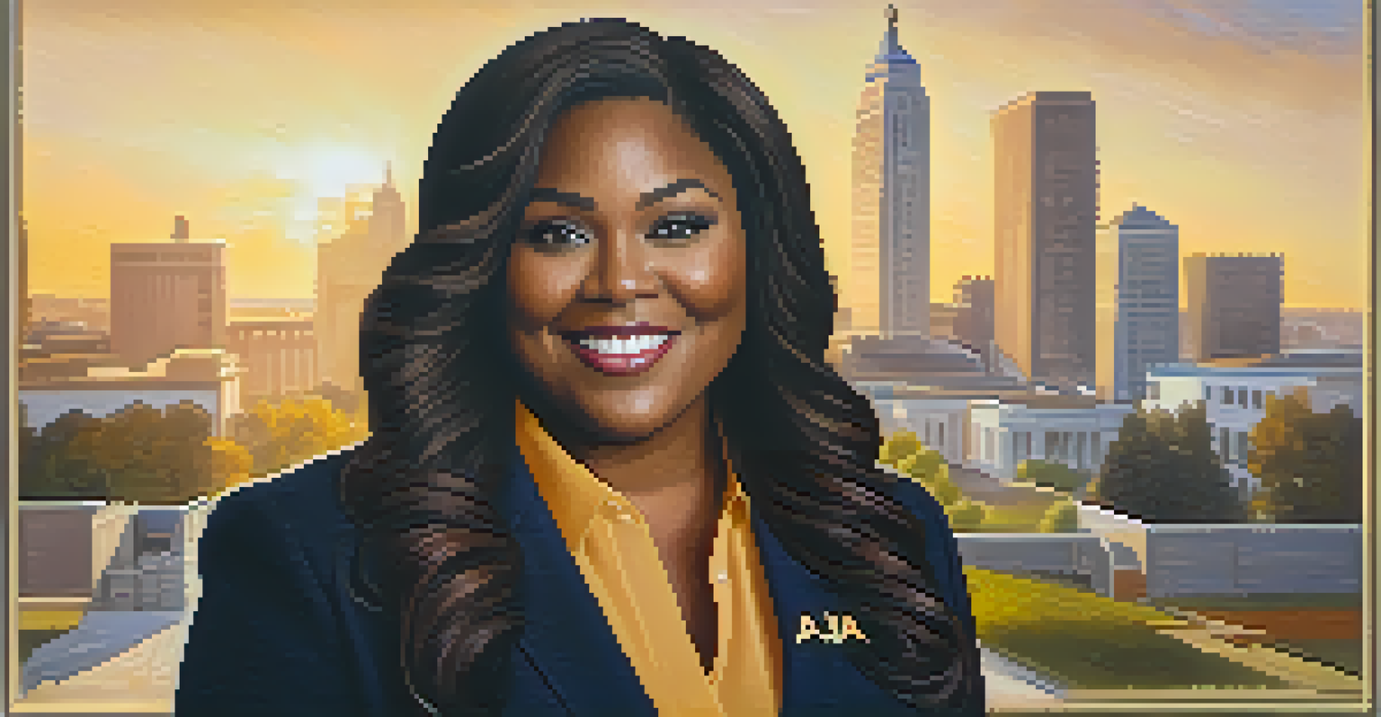 A close-up portrait of Aja Brown, the mayor of Compton, smiling confidently in front of city hall, showcasing her leadership and determination.