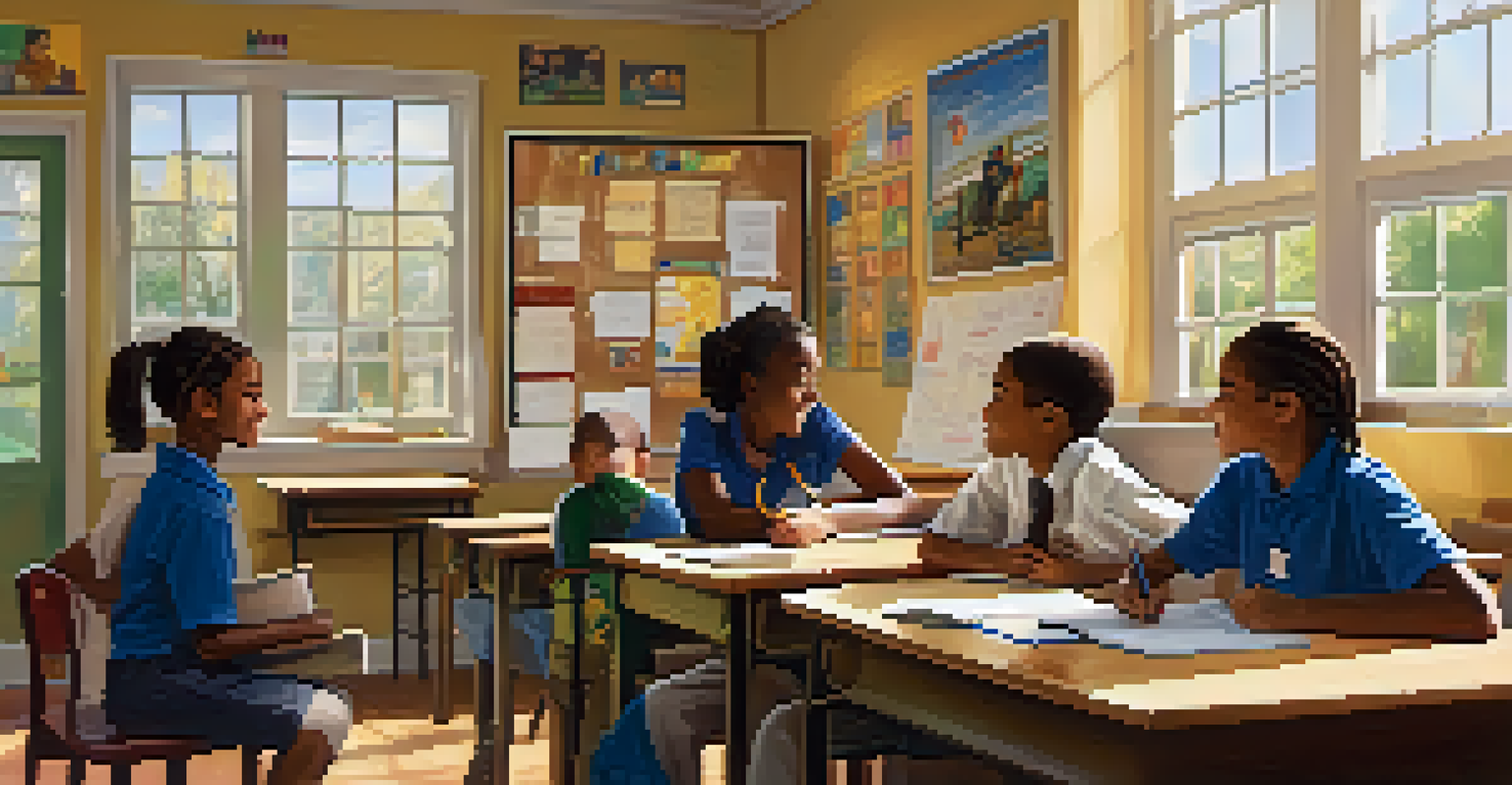 A mentor working with a group of students in a bright classroom, helping them with their homework and surrounded by educational posters.