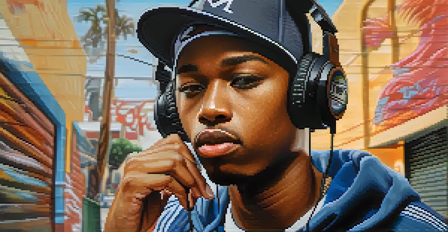 A close-up of a young hip-hop artist in streetwear with headphones, in front of vibrant graffiti art, showcasing passion and intensity.