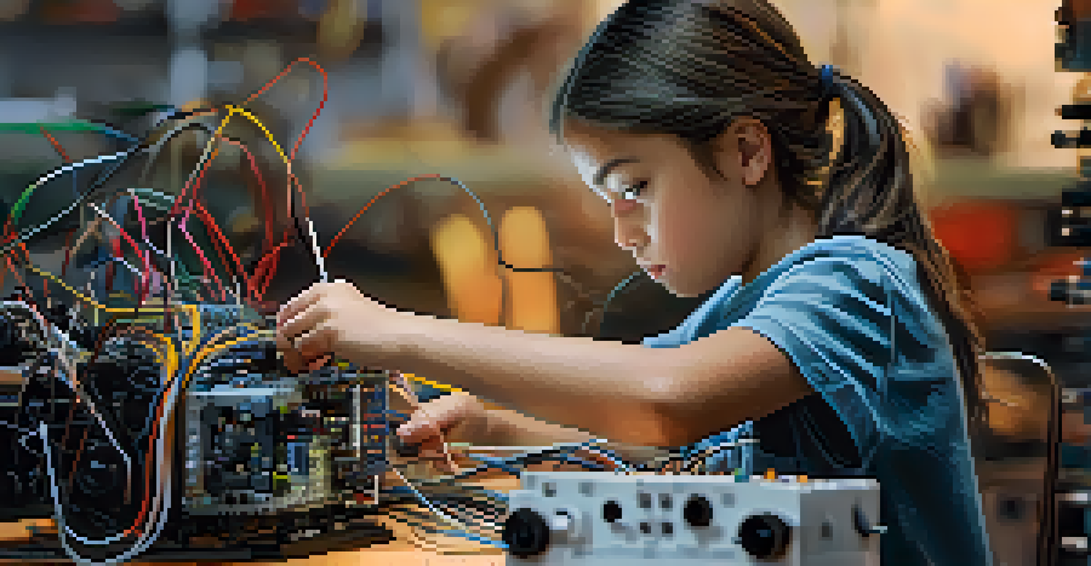 A young girl concentrating on building a robot, surrounded by tools and components.