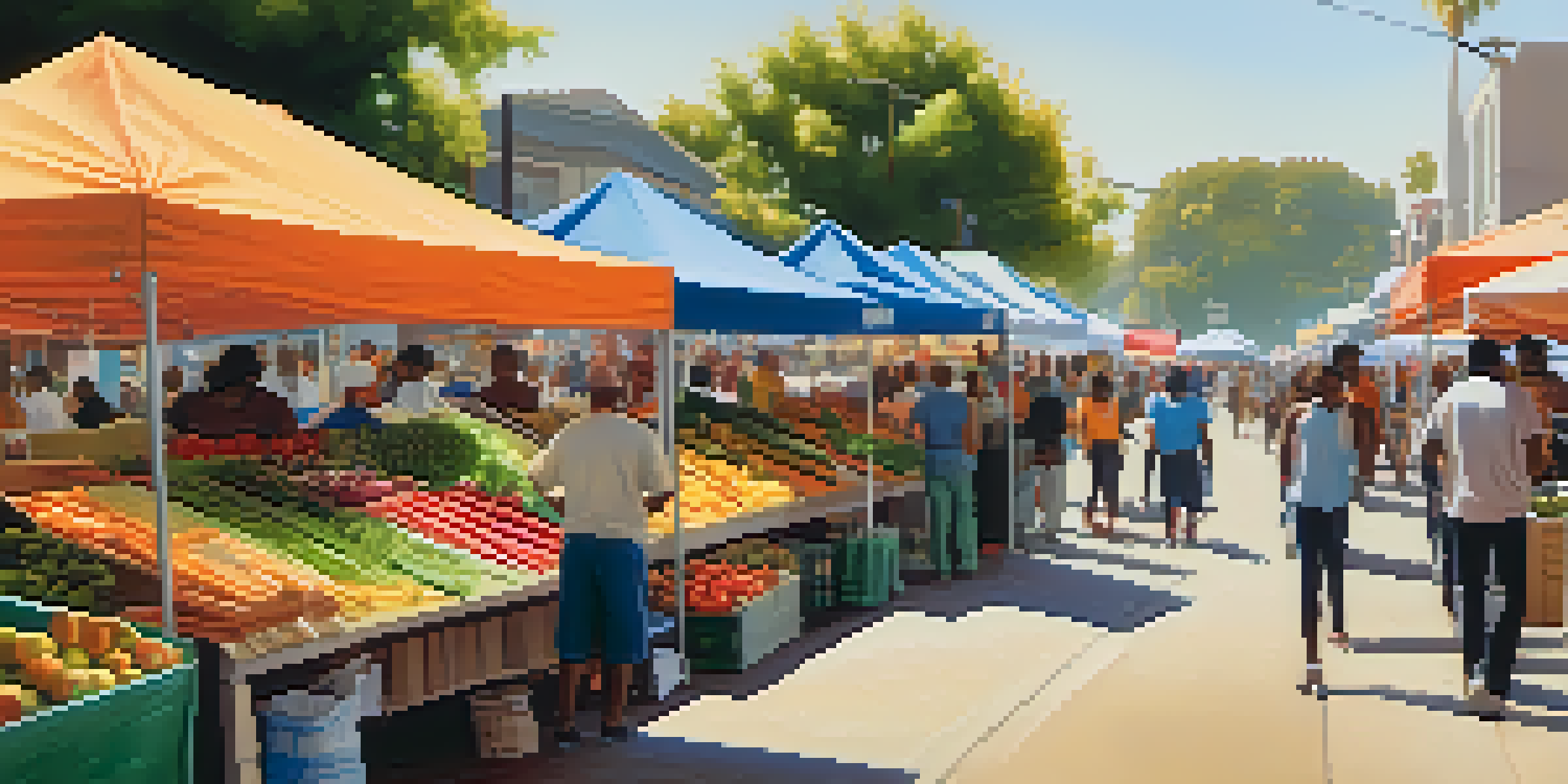 A lively farmers market in Compton with colorful stalls, fresh produce, and diverse people shopping.