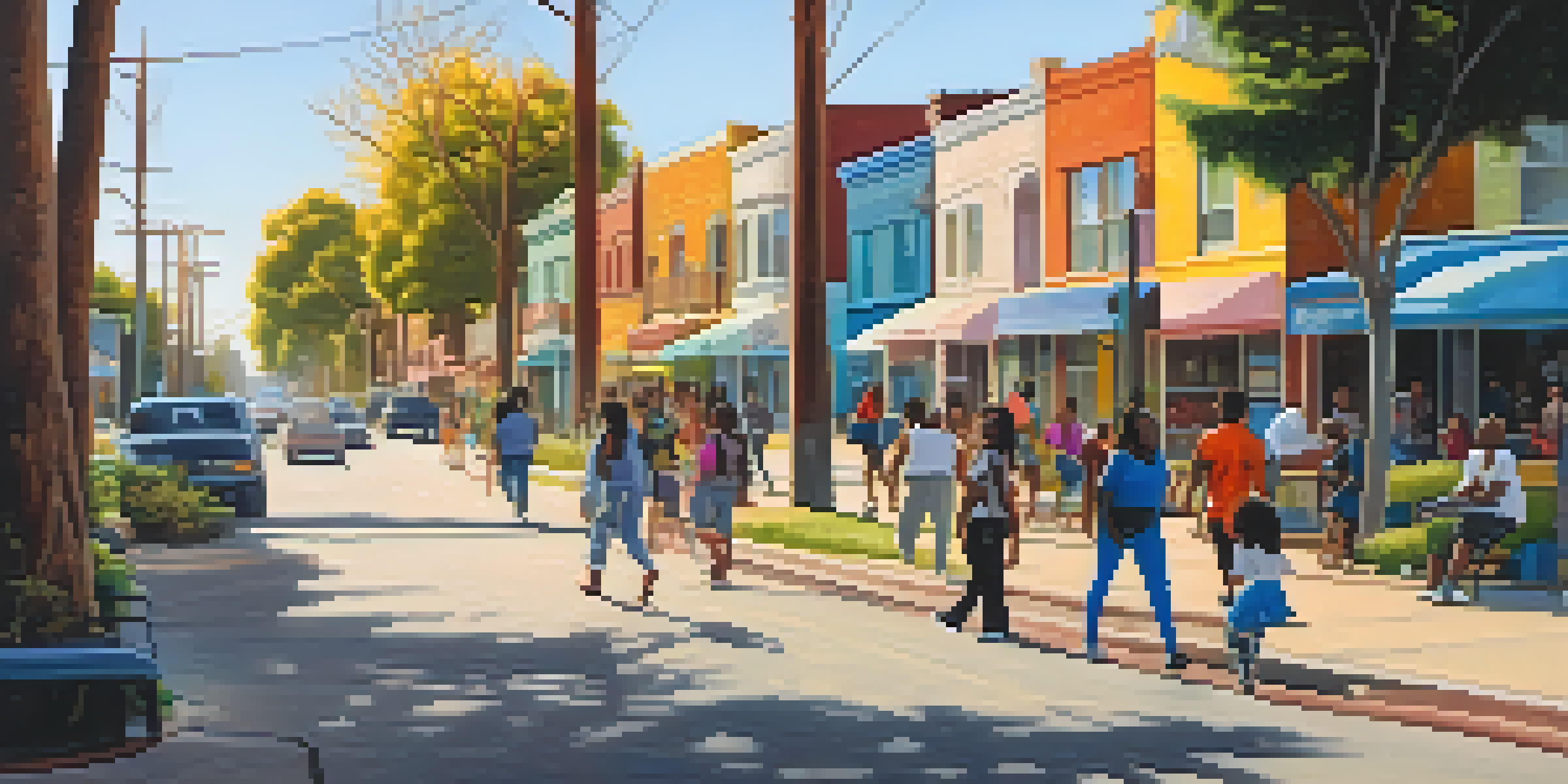 A lively street in Compton with residents walking, colorful murals, and a park in the background, bathed in warm sunlight.