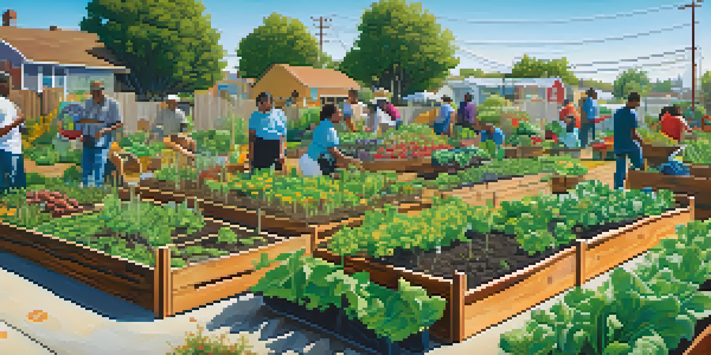 A lively community garden in Compton with residents planting and tending to colorful vegetables and flowers under a sunny sky.