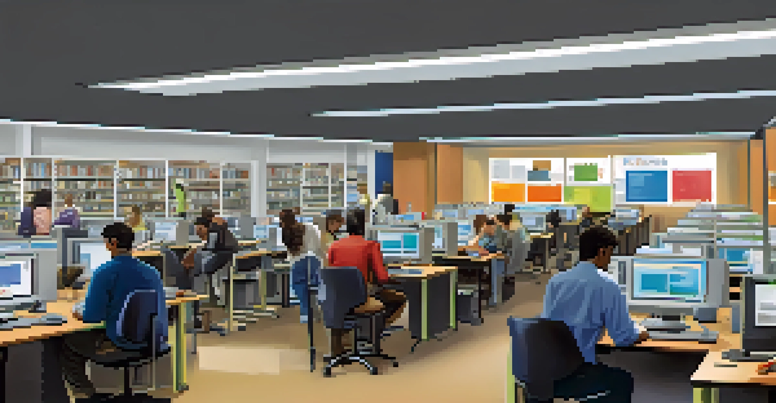 A computer lab with adults participating in a digital literacy workshop, focusing on learning and technology.