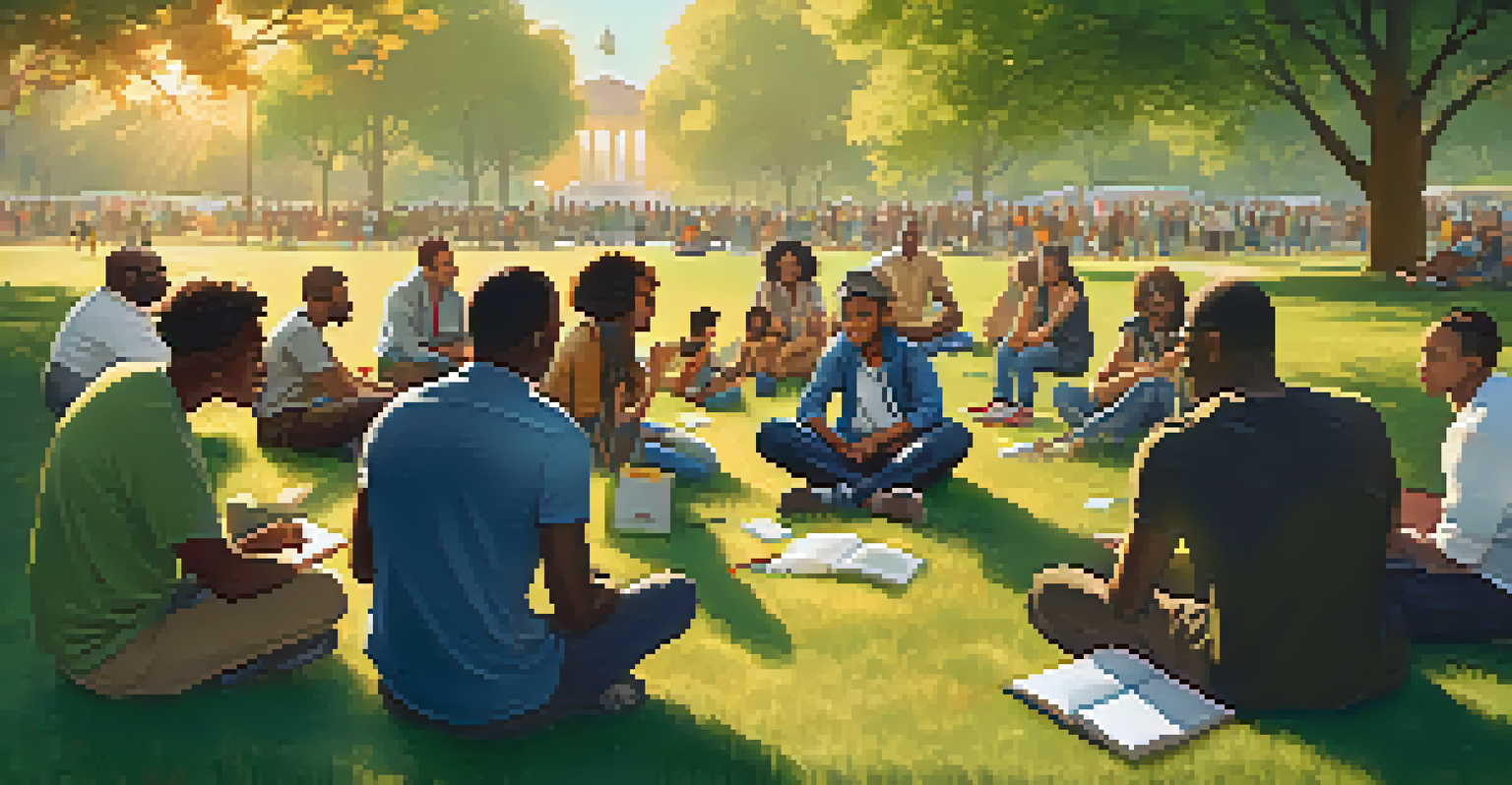 A diverse group of community members sitting in a park, engaged in discussion about civil rights with warm lighting, symbolizing hope and unity.