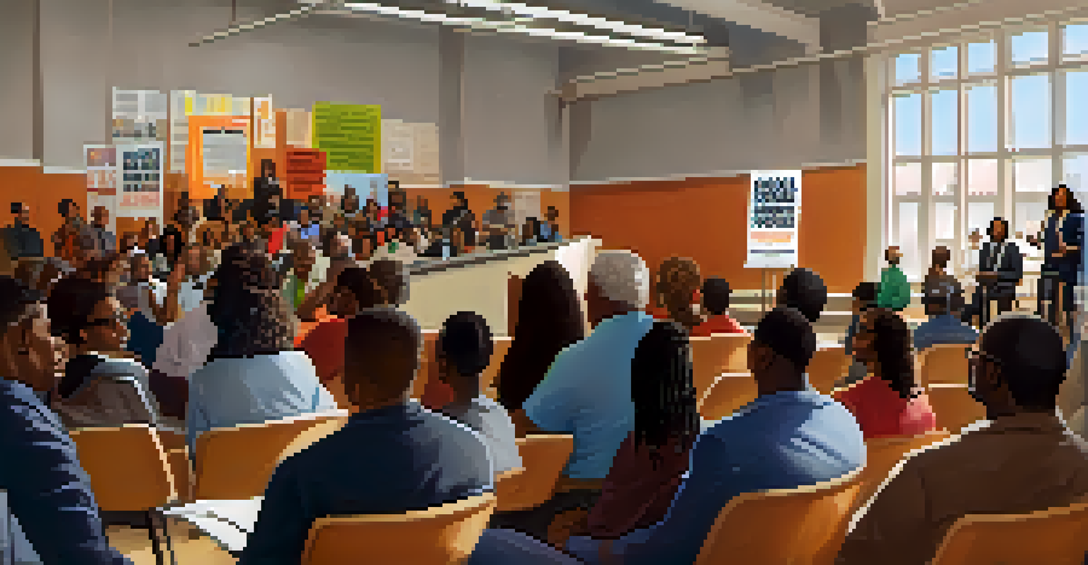 Councilwoman Michelle Chambers speaking at a community meeting, with a diverse audience engaged in discussion, surrounded by advocacy posters.