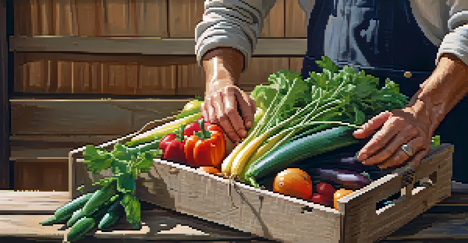 A close-up of a farmer's hands holding fresh vegetables, emphasizing the quality and connection to local agriculture.