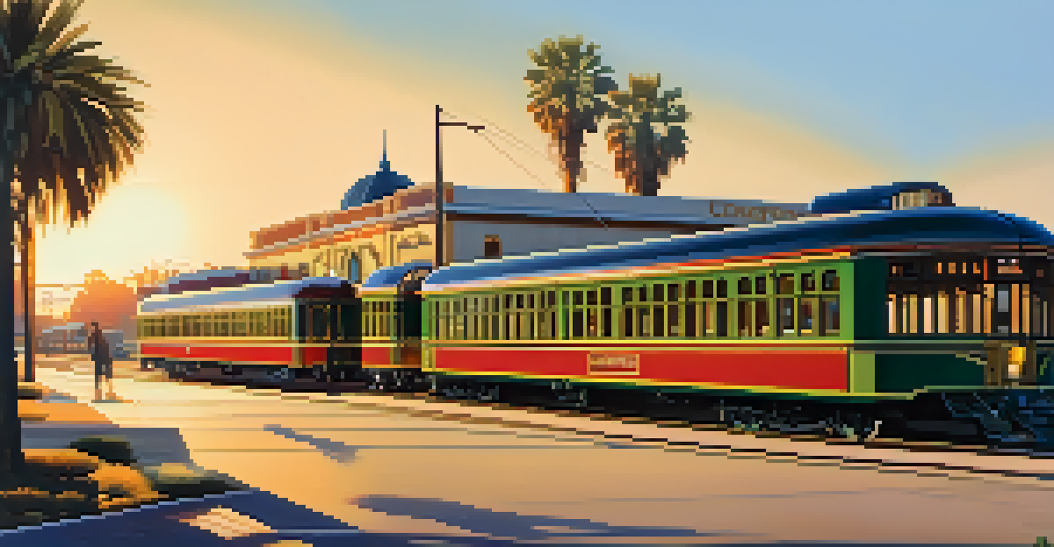 A vibrant sunset view of the historic Compton Depot, showcasing Art Deco design with bold colors and geometric patterns, alongside a vintage train.