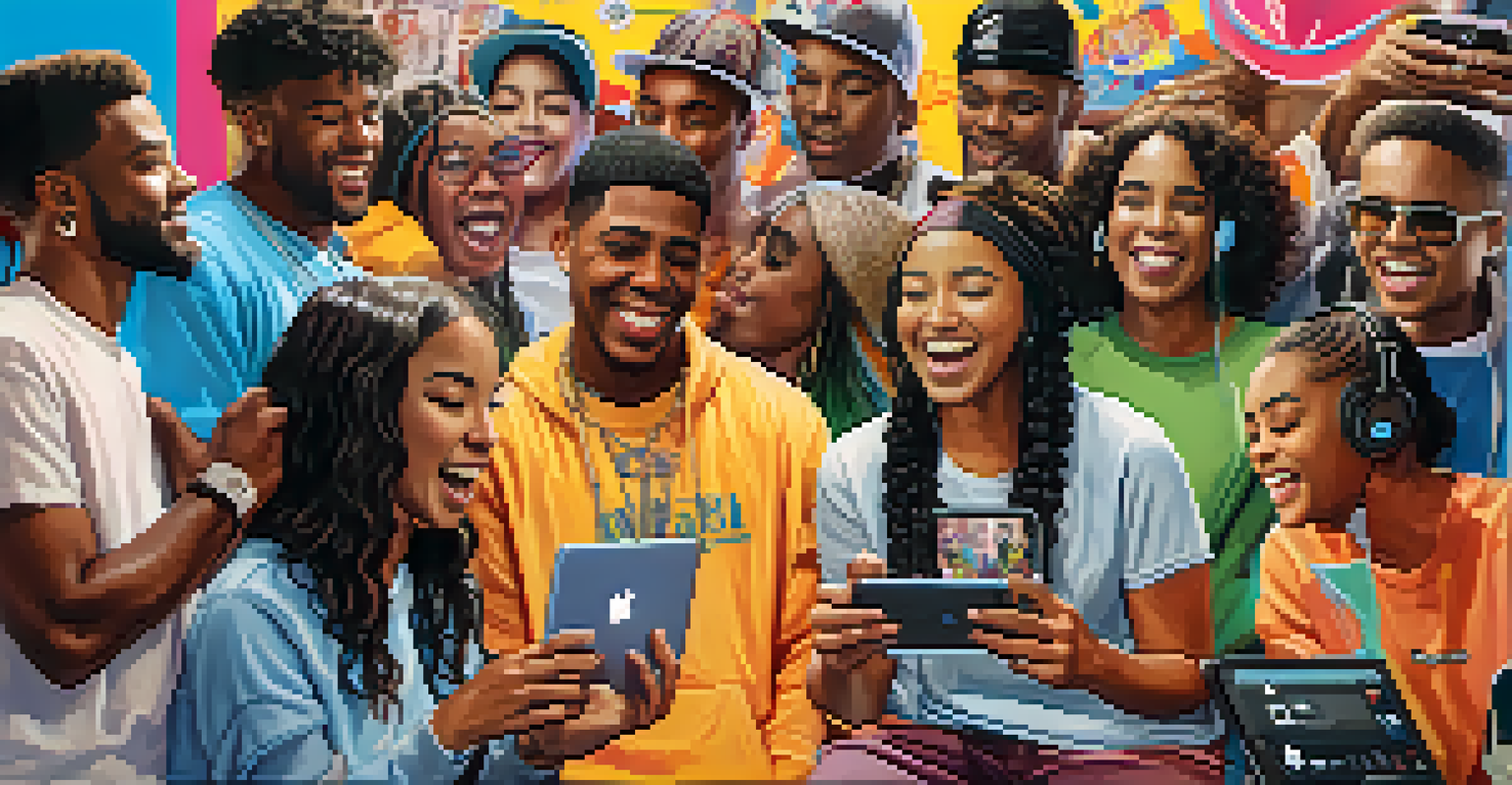 A lively scene depicting young people engaging with social media, showcasing Compton artists' influence.