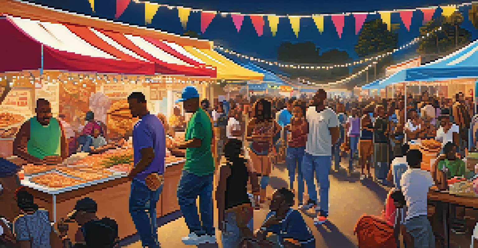 A bustling food festival in Compton with people enjoying local dishes and live hip-hop music, surrounded by colorful stalls and decorations.