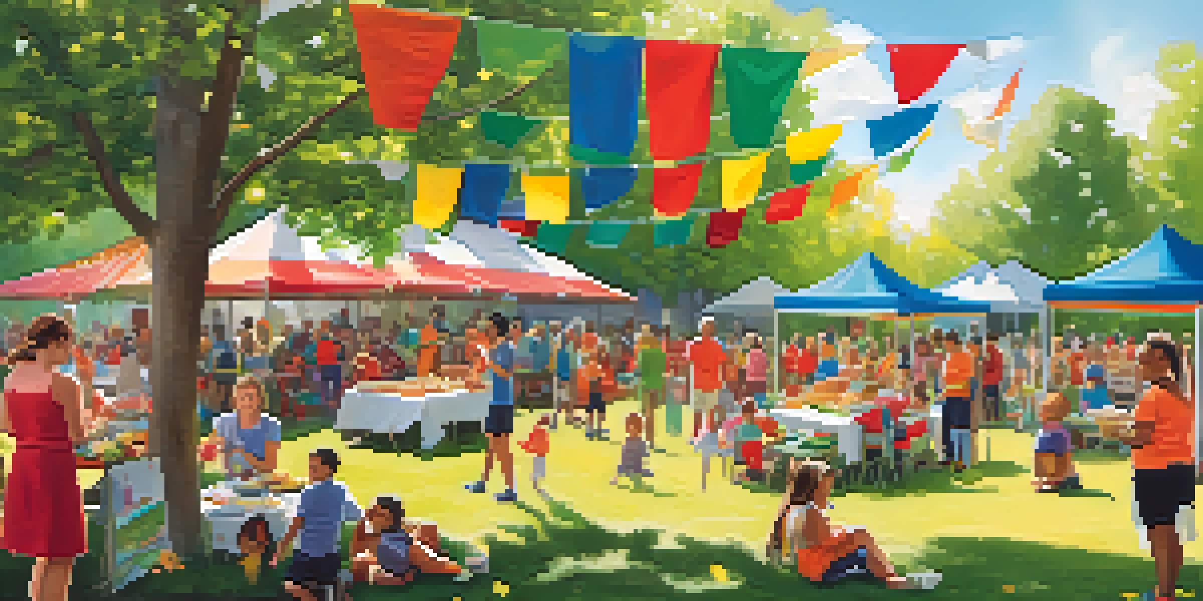 A lively park event featuring families and children involved in health and wellness activities, with colorful banners and a cooking class.