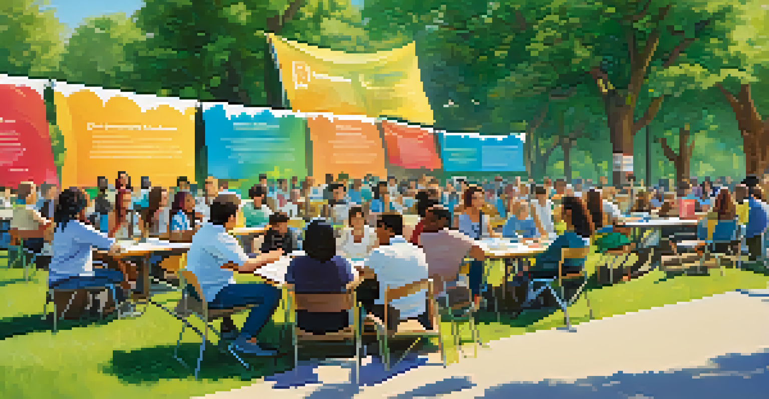 Community members of all ages gathered in a park, sharing experiences about a tech program, surrounded by colorful banners promoting digital skills.
