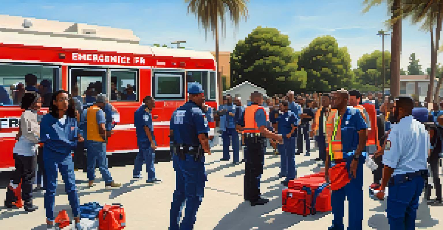A mock emergency drill in Compton with community members and emergency responders practicing evacuation procedures in a park setting, under a clear sky.