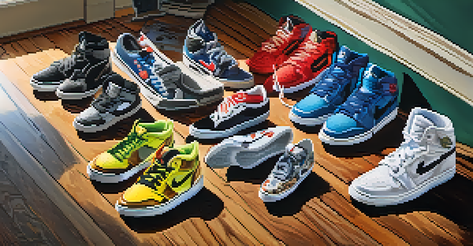 A collection of trendy sneakers on a wooden floor, showcasing various vibrant styles and designs.