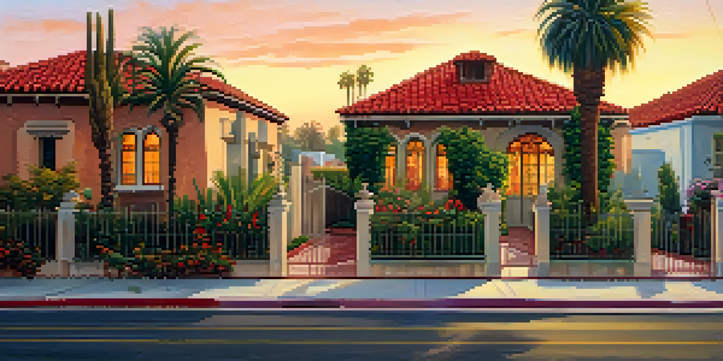 A vibrant street lined with Spanish Revival homes, characterized by stucco walls and red-tiled roofs, with palm trees and blooming flowers under the warm sunset light.