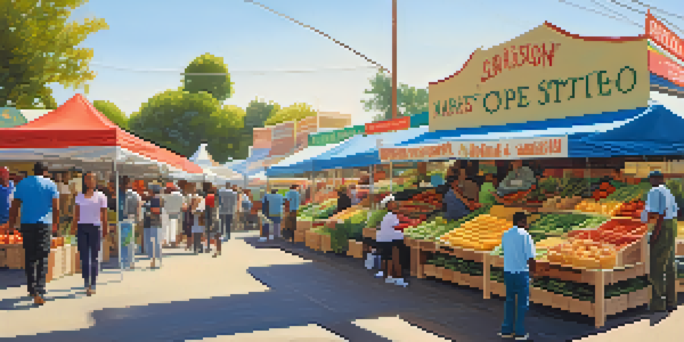 A lively farmers market in Compton with colorful stalls of fresh produce and community members enjoying the atmosphere.