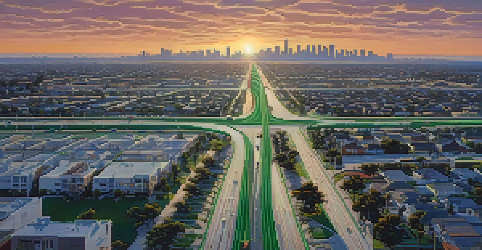 Aerial view of Compton showing roads, highways, and green spaces under a sunset sky.