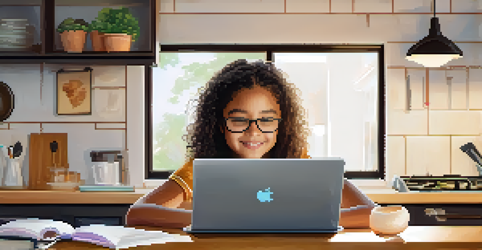 A young student studying at a kitchen table, intently looking at a laptop screen with an online learning platform, in a cozy home setting.