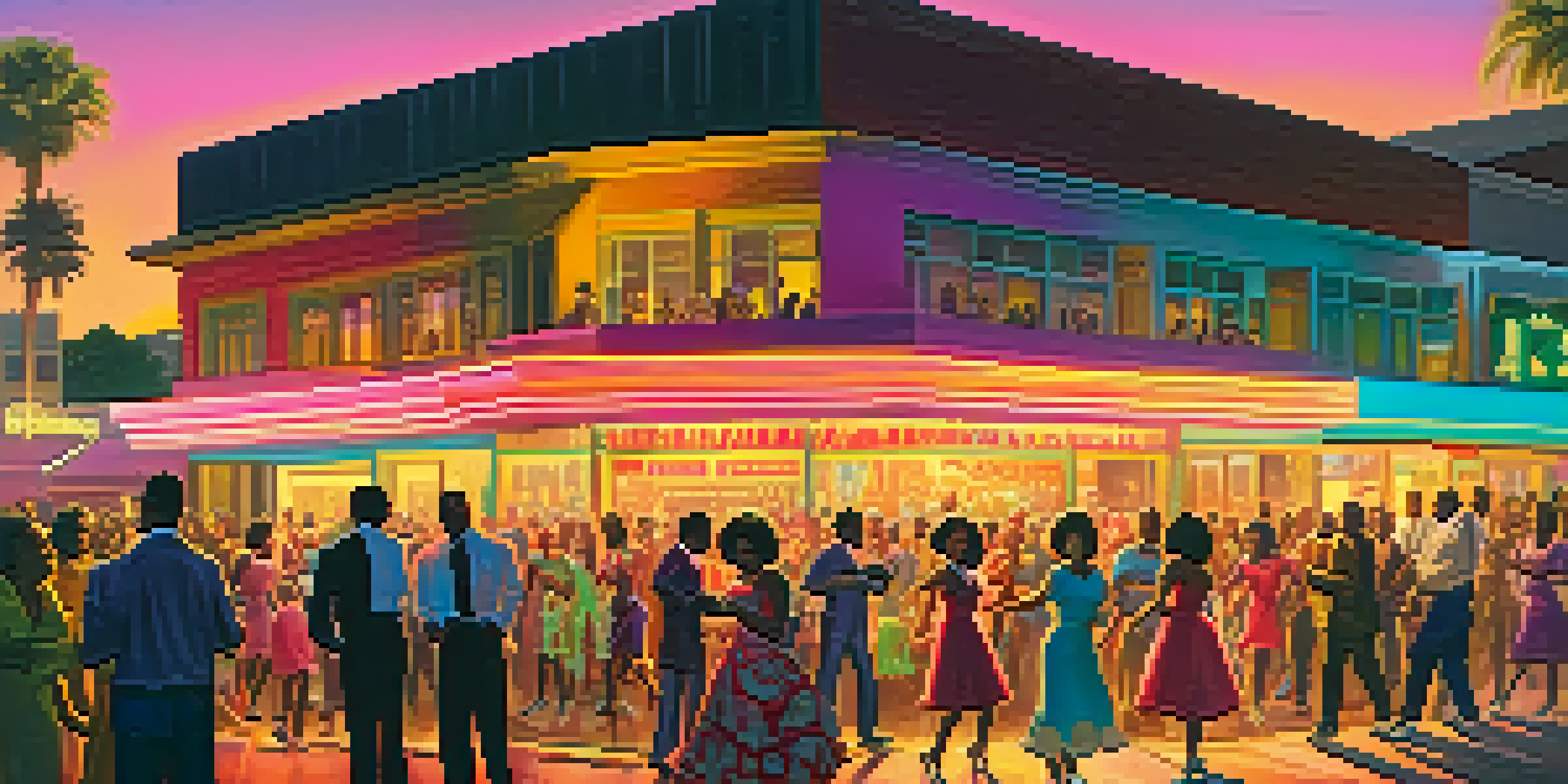 A lively street scene in Compton from the 1960s, featuring a music venue with a diverse crowd enjoying live music under neon lights.