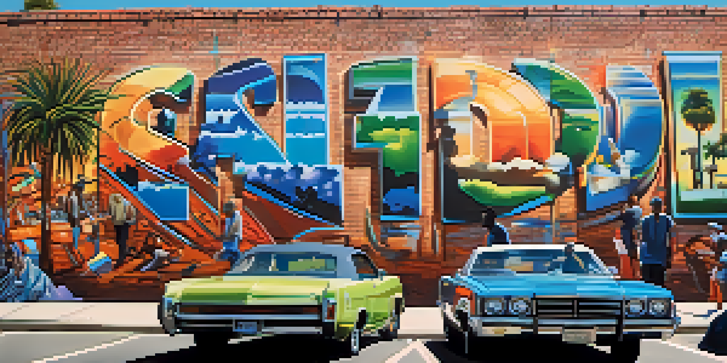 A colorful mural of West Coast rap artists on a brick wall in Compton, with palm trees and a sunny sky.