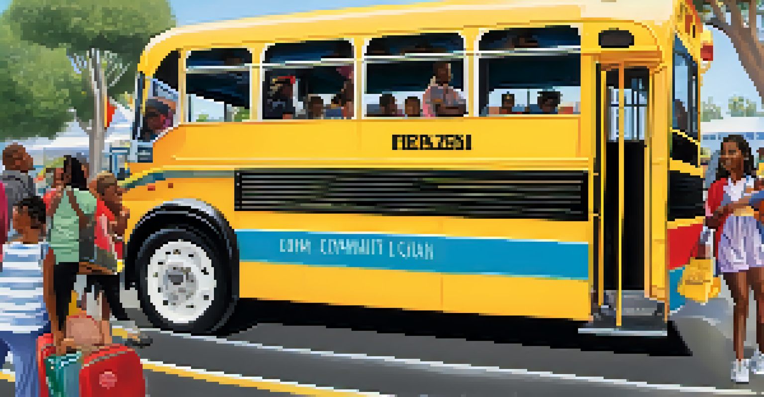 A close-up of a colorful Compton bus with residents at a community event focused on public transportation.