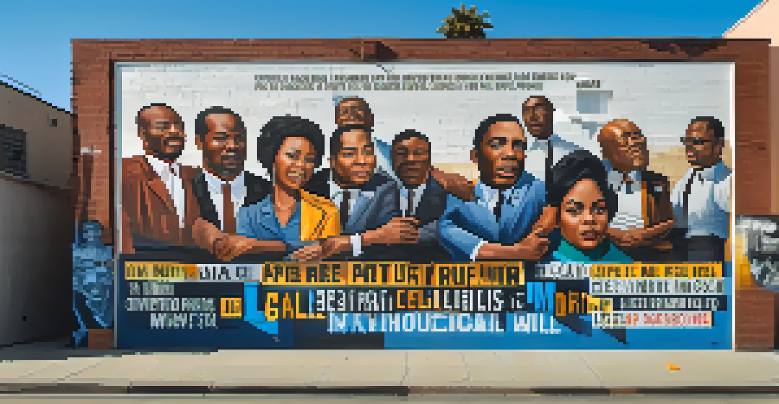 Colorful mural representing the Civil Rights Movement in Compton, showcasing figures and protest signs on a brick wall.