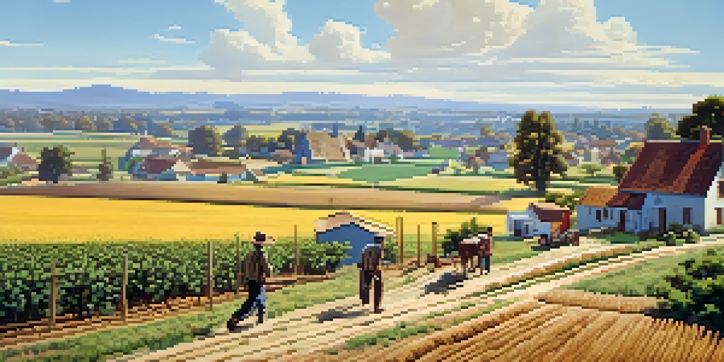 A historical view of Compton in the 1940s with farmers working in fields and wooden houses in the background.