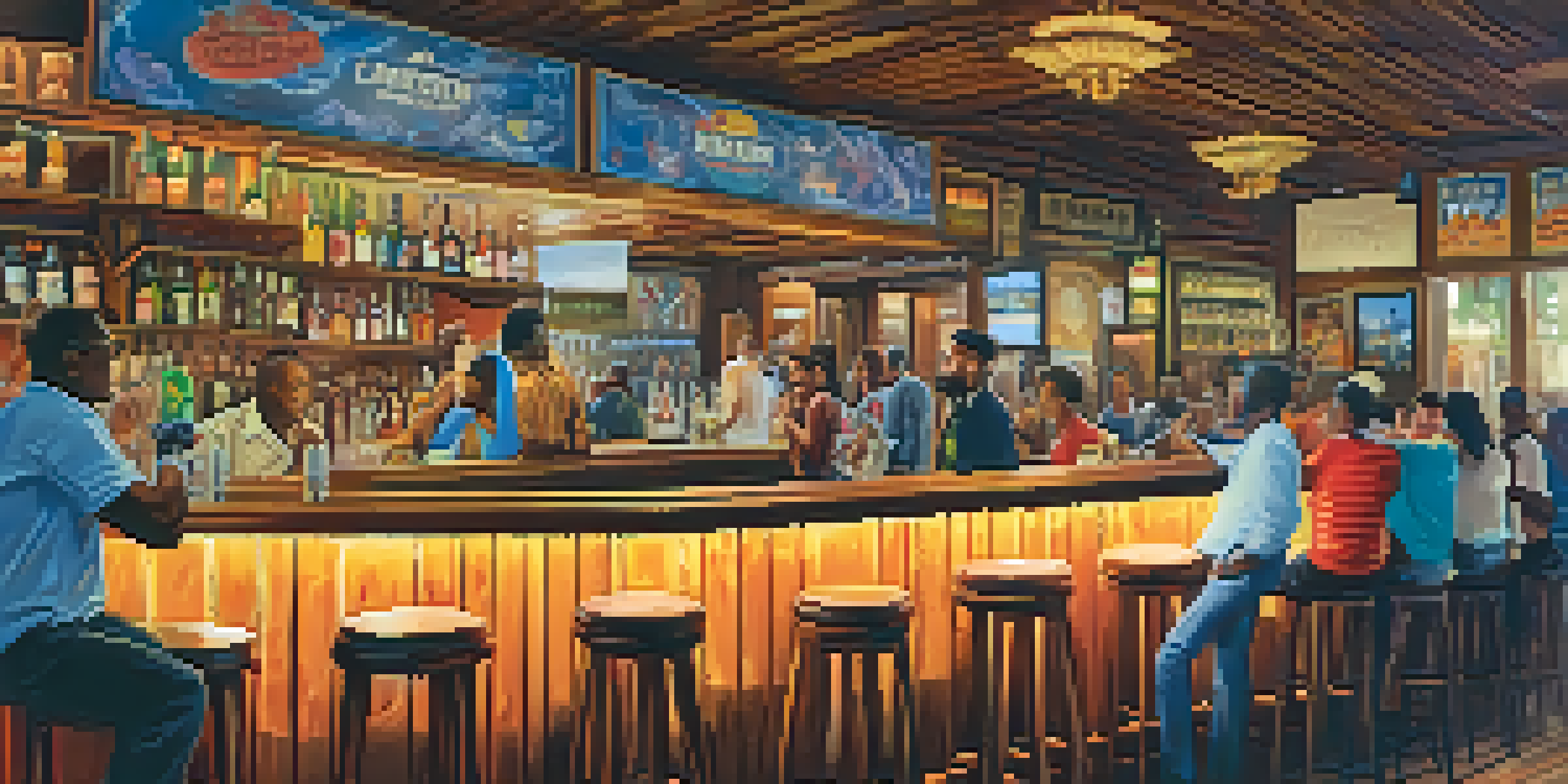 A lively Compton bar filled with diverse patrons enjoying live music, with wooden interiors and colorful artwork.