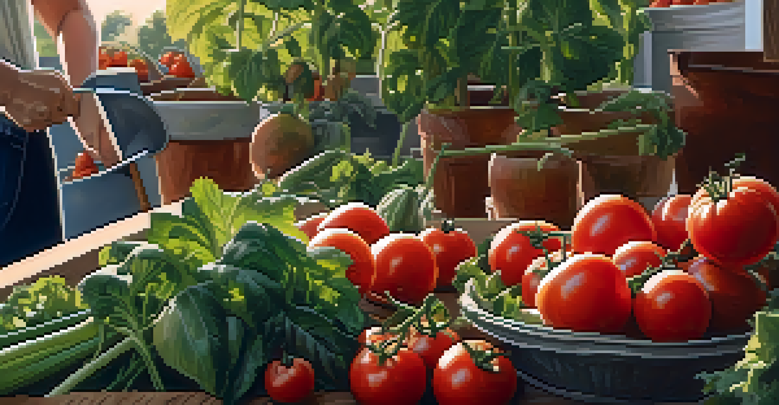 Hands of people harvesting fresh tomatoes and greens in an urban garden, with tools and plants in the background.