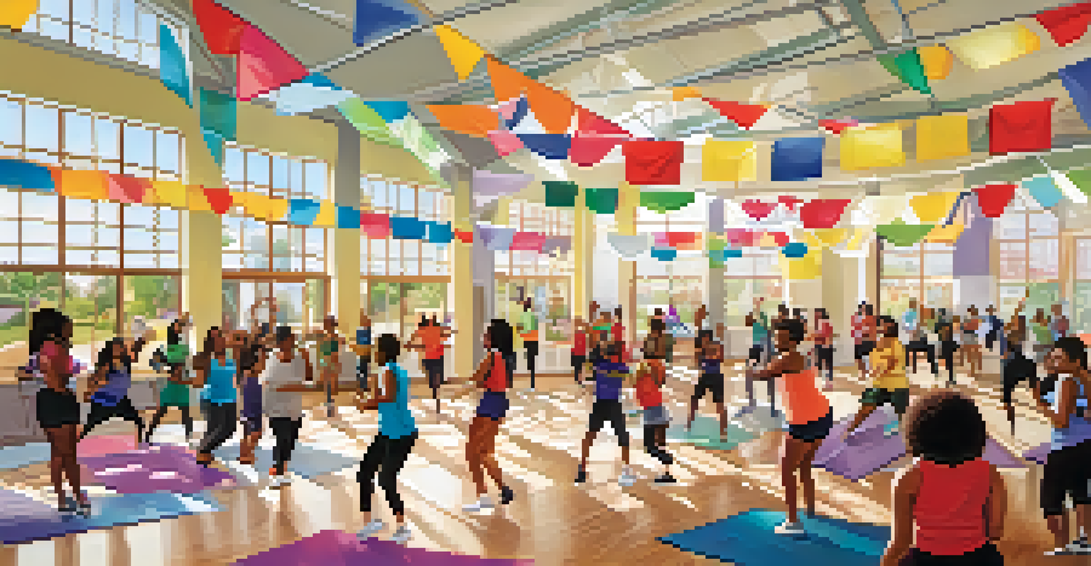 A vibrant Compton Community Center filled with people participating in various events, with colorful decorations and sunlight streaming through the windows.