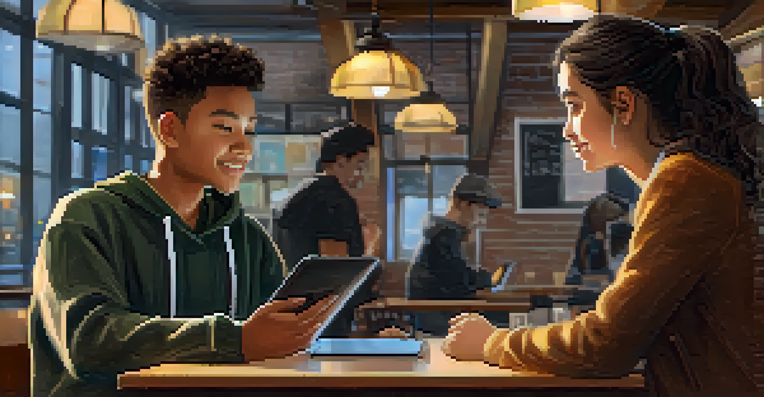 A mentor discussing tech resources with a high school student in a cozy coffee shop.