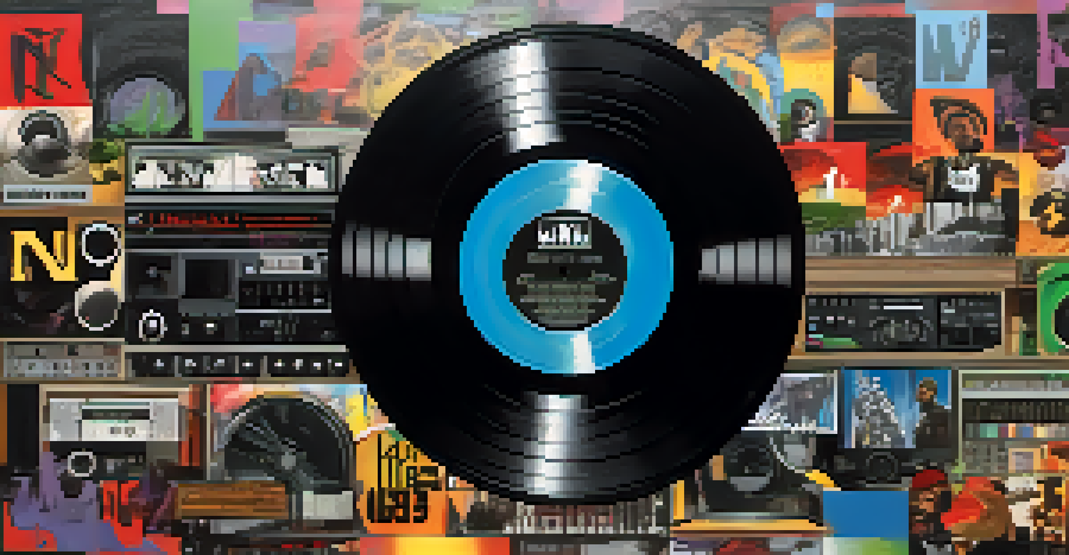 A vinyl record featuring the N.W.A logo surrounded by musical elements like microphones and turntables, set against a colorful and textured background.