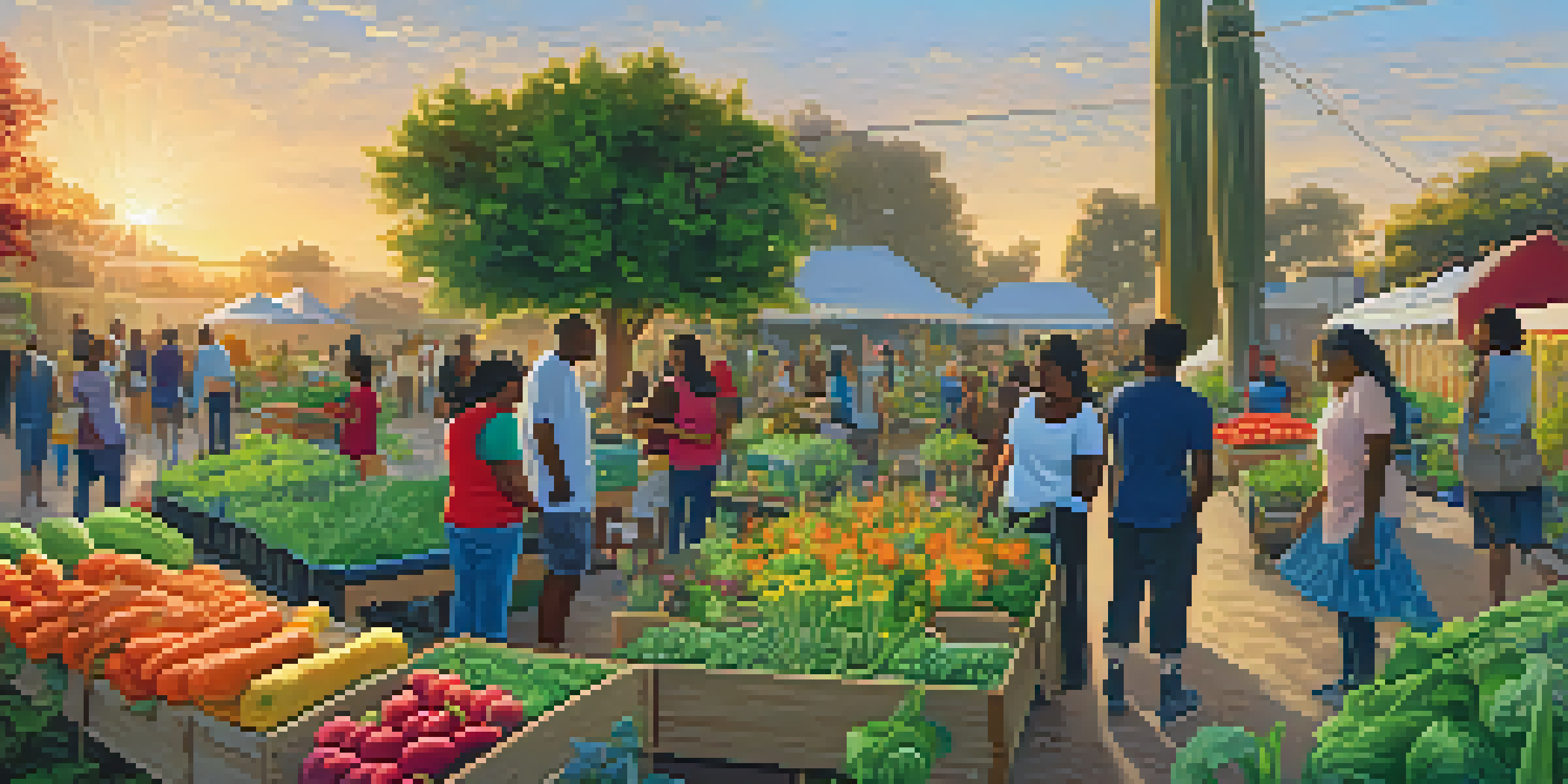 A community garden with diverse people working together, surrounded by vegetables and flowers under a golden sunset.