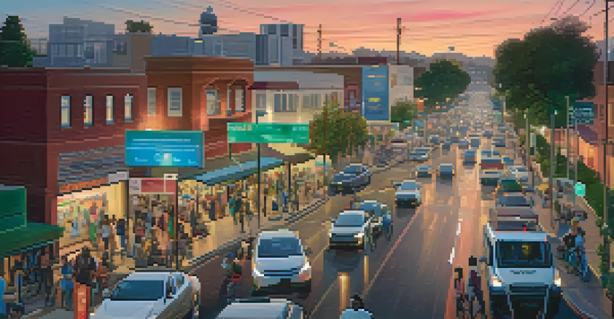 An urban street in Compton with smart traffic lights, pedestrians using mobile apps, energy-efficient streetlights, and community gardens.