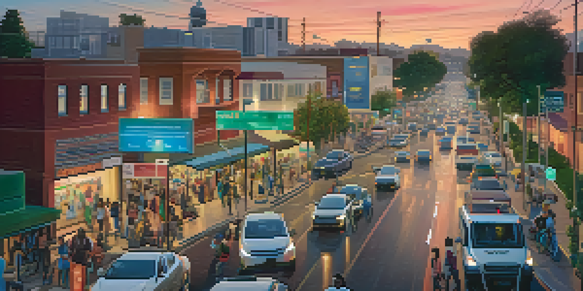 An urban street in Compton with smart traffic lights, pedestrians using mobile apps, energy-efficient streetlights, and community gardens.