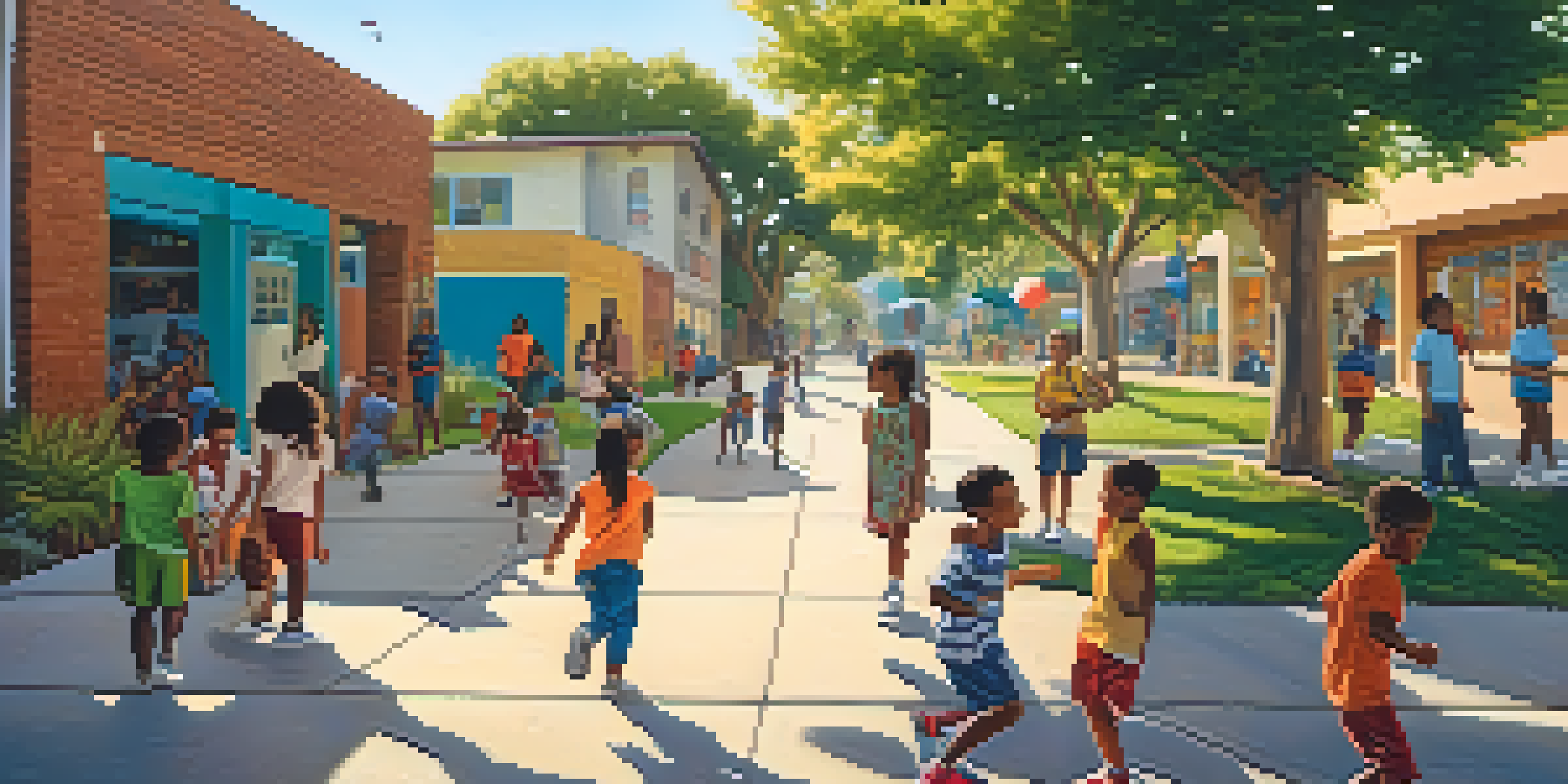 A vibrant scene in Compton with children participating in outdoor learning activities, surrounded by trees and a colorful mural.