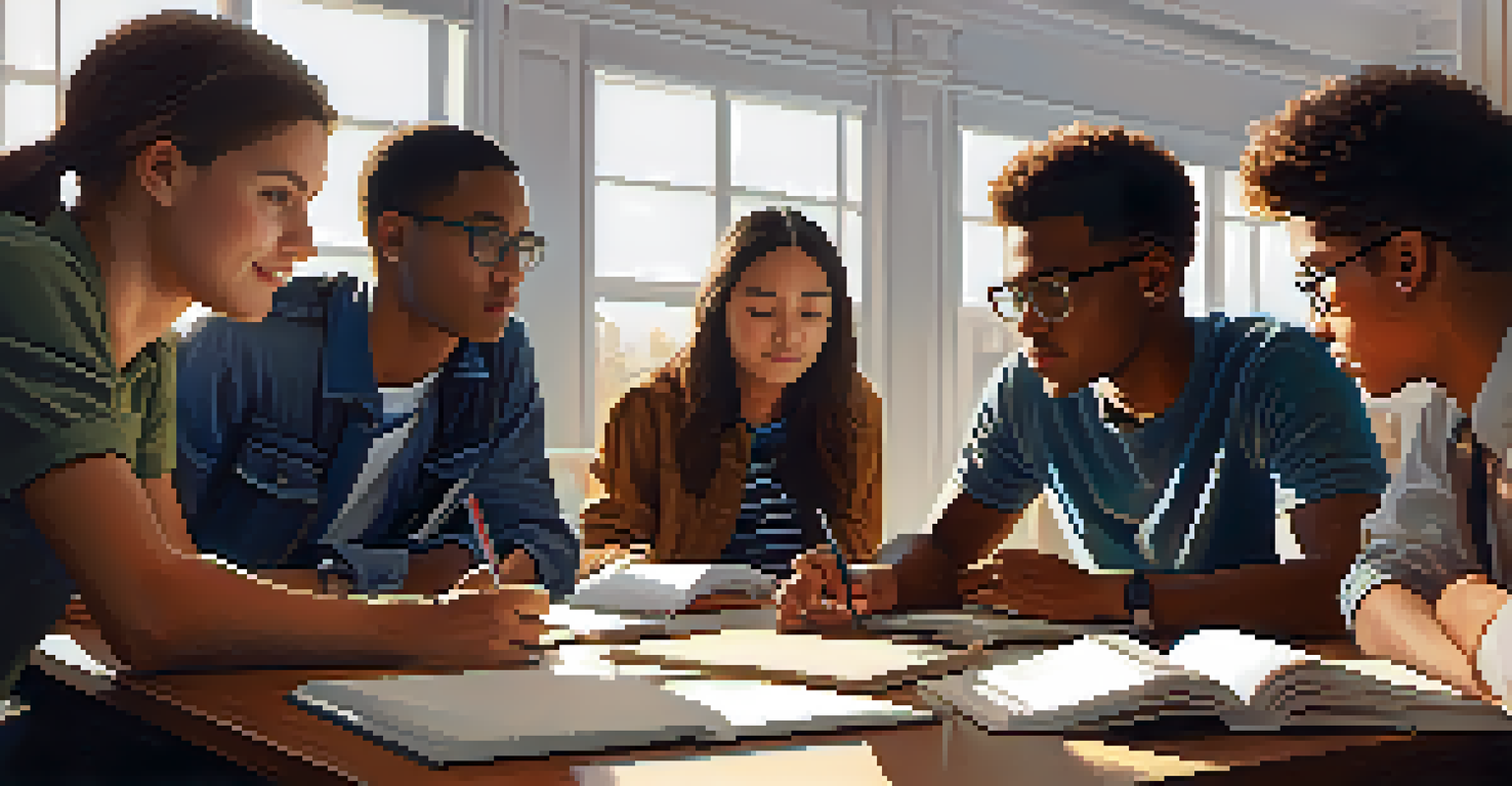 A group of young leaders engaged in a brainstorming session around a table, with notebooks and laptops, illuminated by warm light.