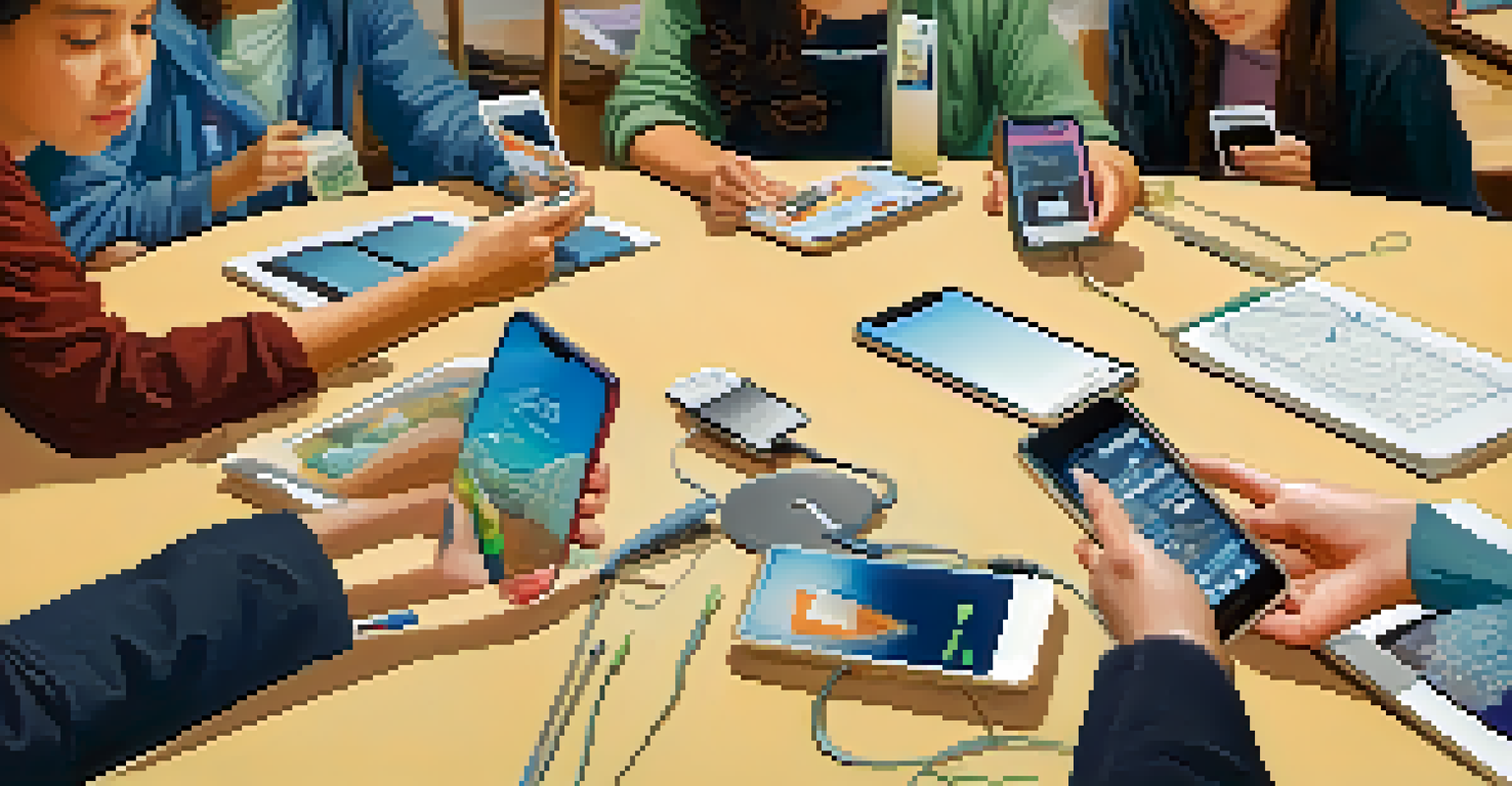 A close-up of a woman teaching a group in a digital literacy workshop, with smartphones and educational materials on the table.