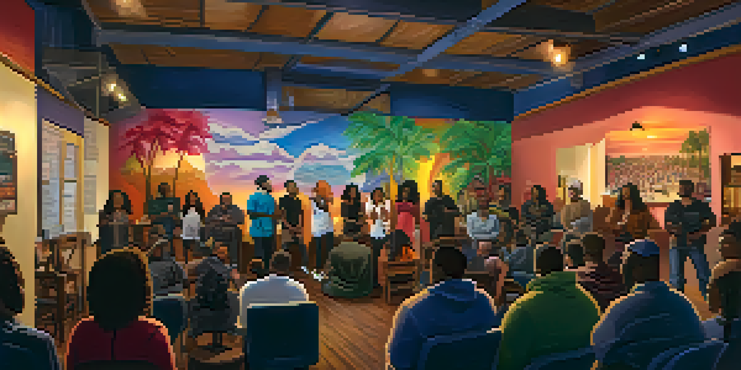 A lively open mic night in Compton with poets performing on stage and an engaged audience, surrounded by colorful murals.