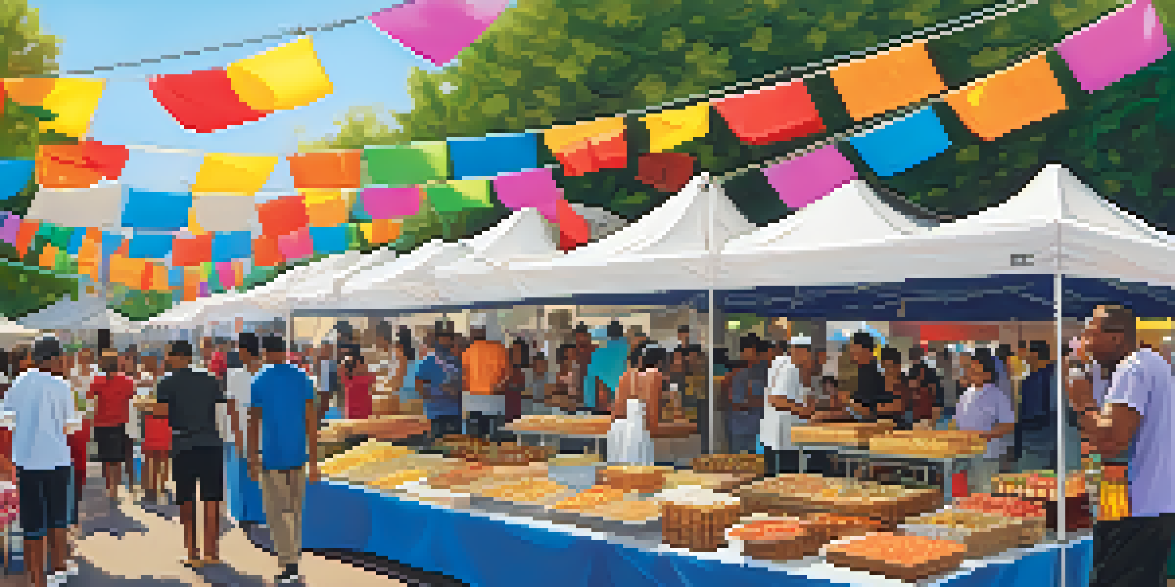 A lively food festival scene with diverse people enjoying food, colorful stalls, and cultural performers in the background.