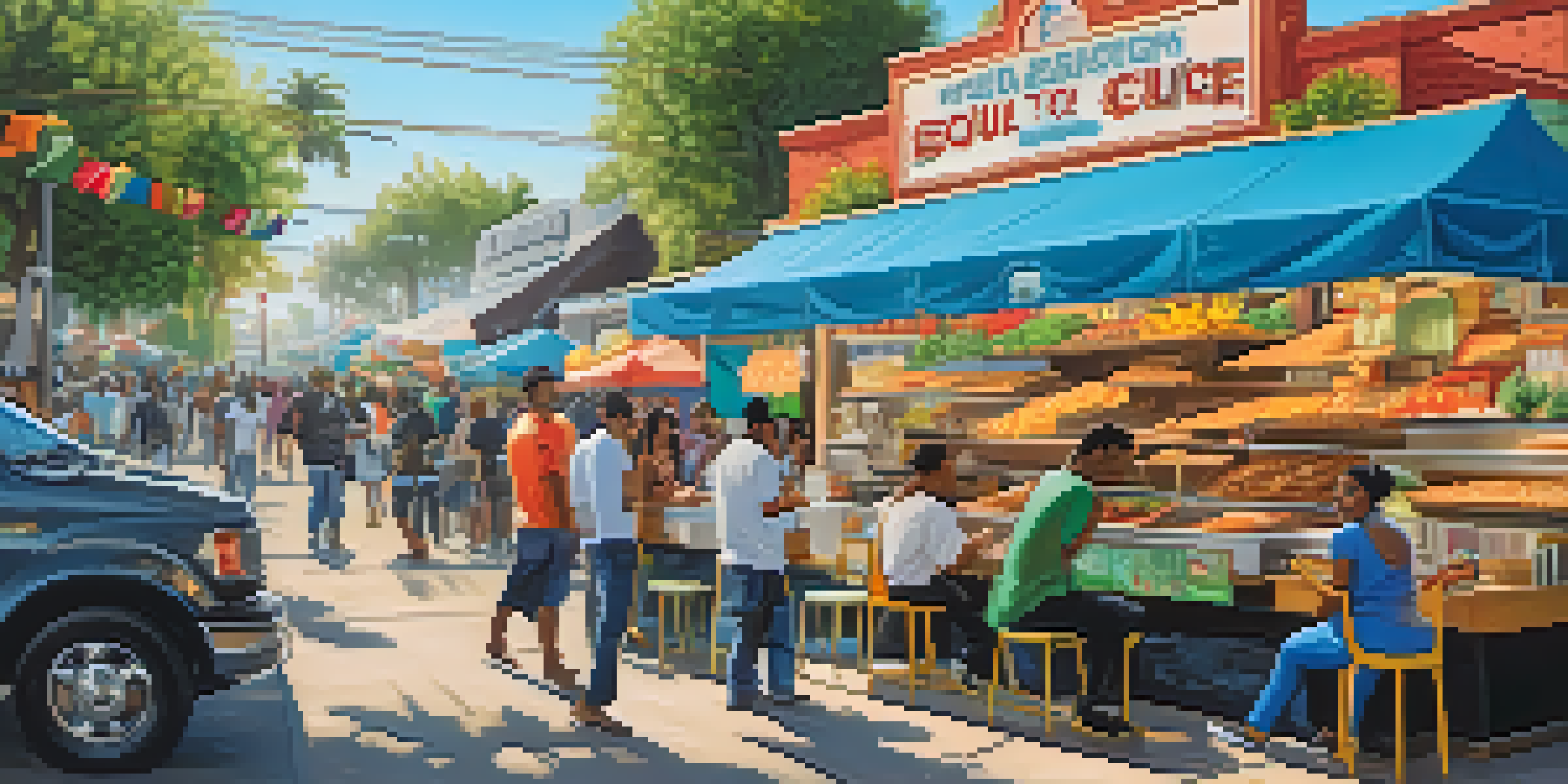 A lively street scene in Compton featuring various food trucks and a diverse group of people enjoying different cuisines.