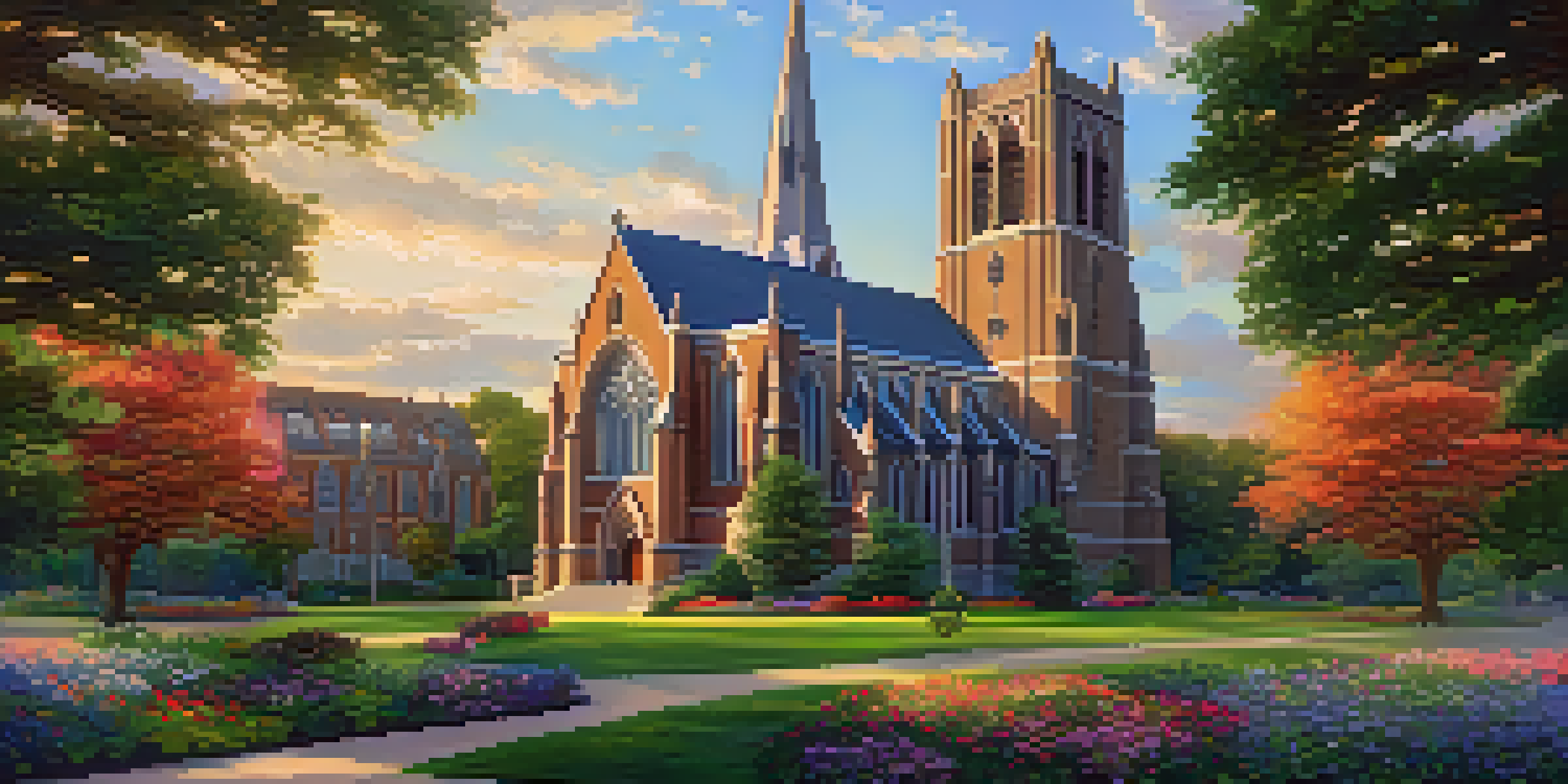 A Gothic Revival church with spires and stained glass windows illuminated by golden hour sunlight, surrounded by greenery and flowers.