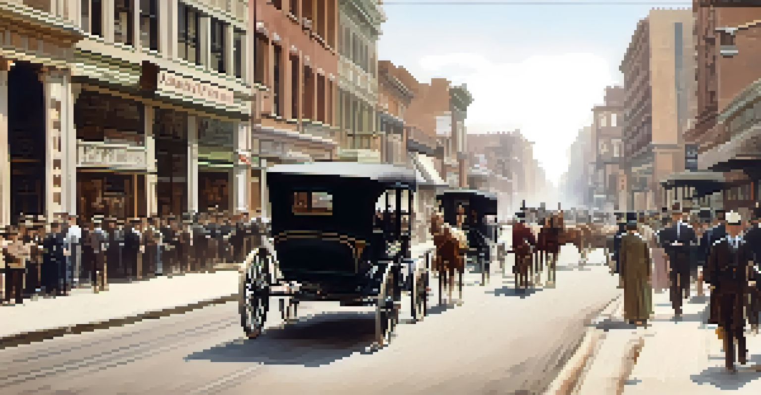 A vintage photograph of a bustling street in early 1900s Compton with horse-drawn carriages and vintage cars.