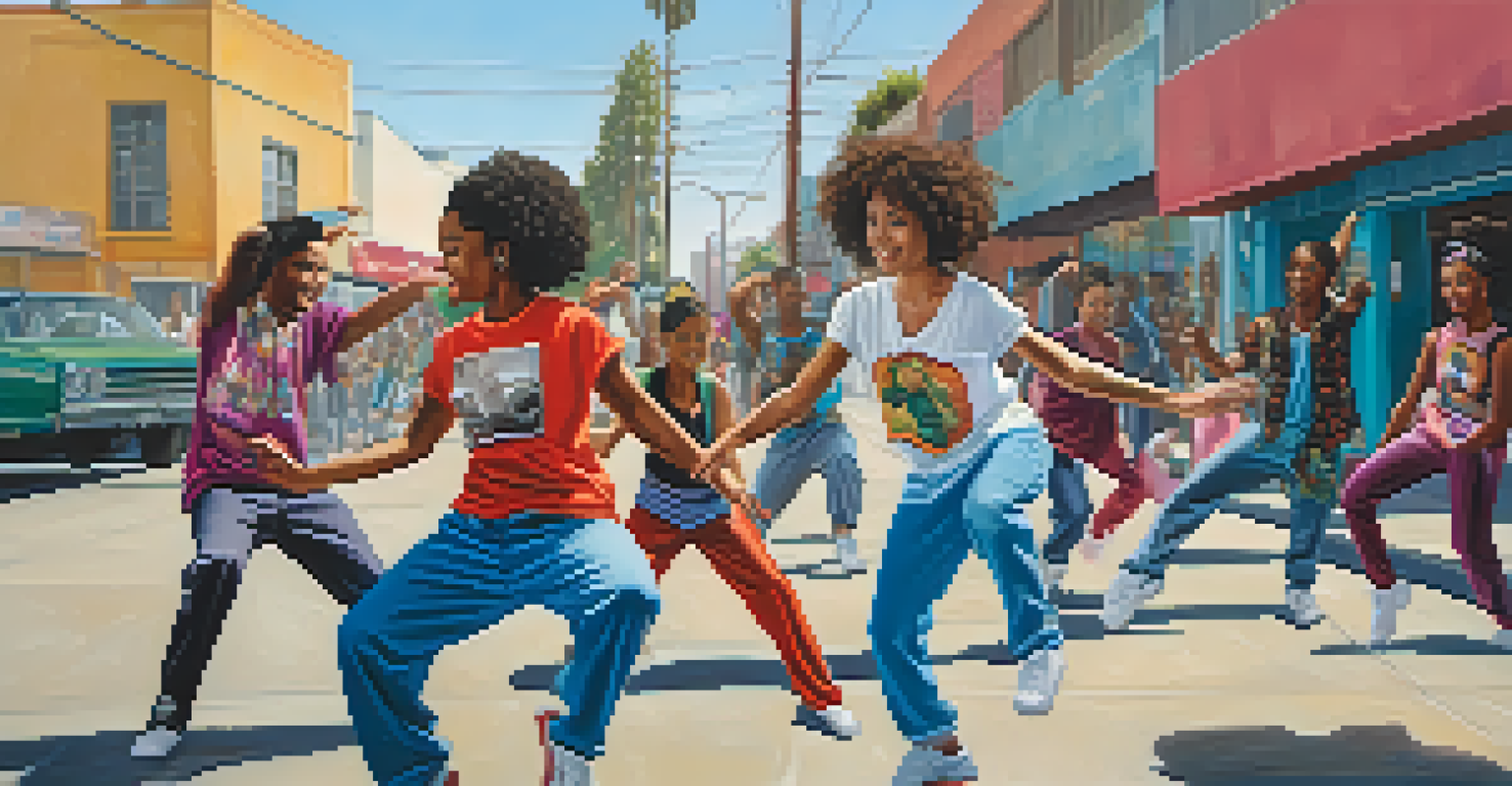 A diverse group of young dancers practicing on a city street in front of a colorful mural, highlighting the spirit of hip-hop culture in Compton.