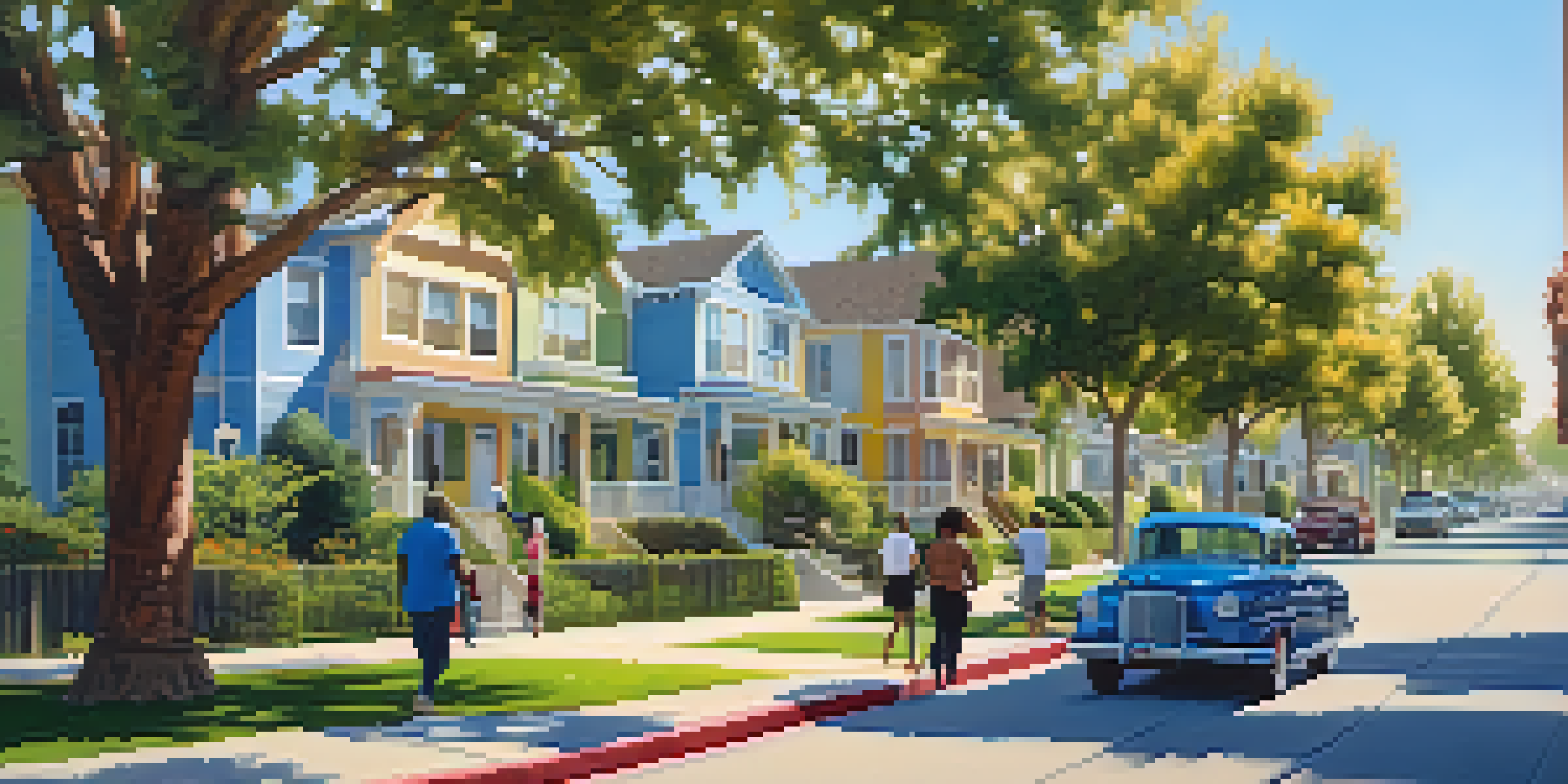 An urban street scene in Compton with a blend of luxury apartments and older homes, featuring residents in a community park under a blue sky.