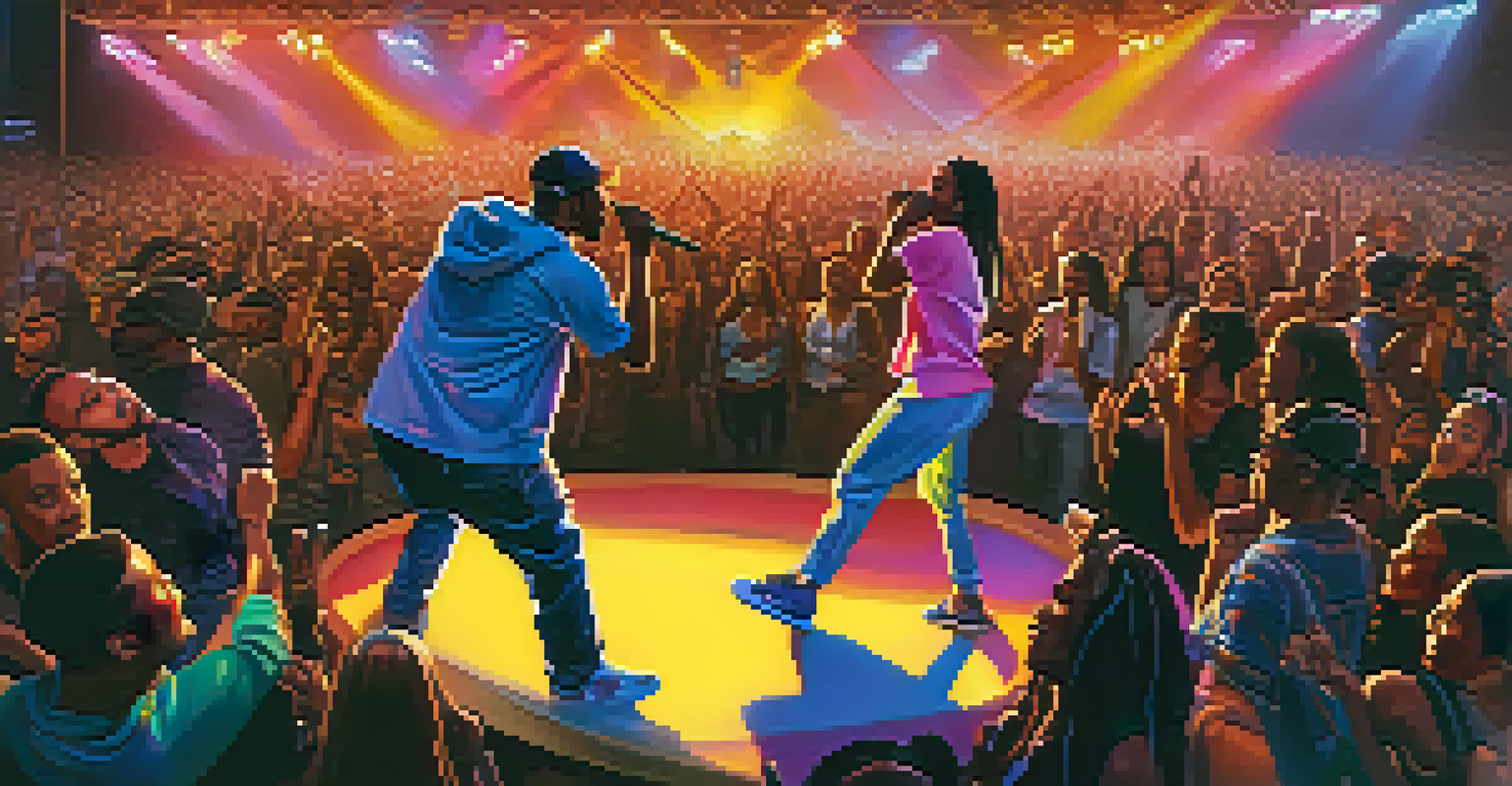 A lively hip-hop concert with a colorful stage and an engaged audience enjoying the performance.