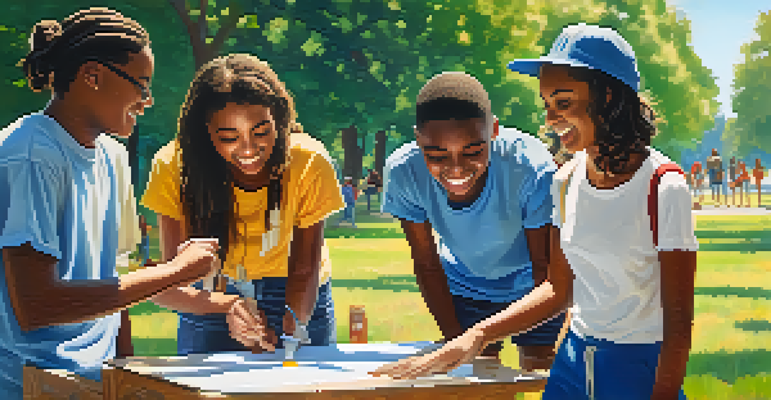 Young people working together in a park on a community service project, showcasing teamwork and positivity.